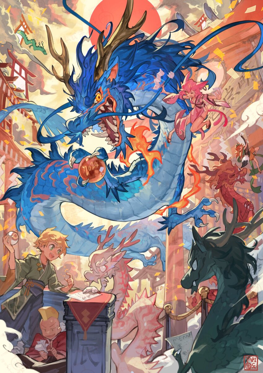 2boys 2girls absurdres animal_ears animal_focus antlers blonde_hair blue_hakama blue_pants brown_horns chinese_zodiac claws cloud commentary confetti day dragon eastern_dragon eyeball fire fox_ears green_eyes green_kimono hakama hakama_pants highres holding_eyeball holding_orb horns japanese_clothes kimono mane midair multiple_boys multiple_girls open_mouth original outdoors pants paper pink_hair queue red_sun scales scenery sharp_teeth short_hair sky stanchion tail tapioka_chaso teeth torii year_of_the_dragon yellow_eyes yellow_sky