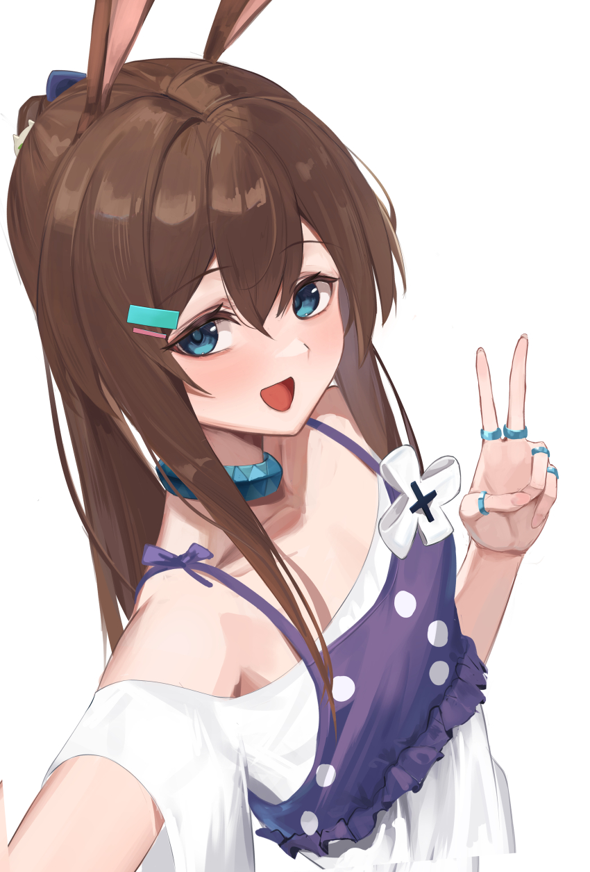 1girl :d absurdres amiya_(arknights) arknights bare_shoulders blue_eyes brown_hair collarbone commentary_request dress frills hair_between_eyes hand_up highres jewelry long_hair looking_at_viewer off-shoulder_dress off_shoulder open_mouth ponytail remapack77 ring selfie simple_background smile solo upper_body v white_background white_dress