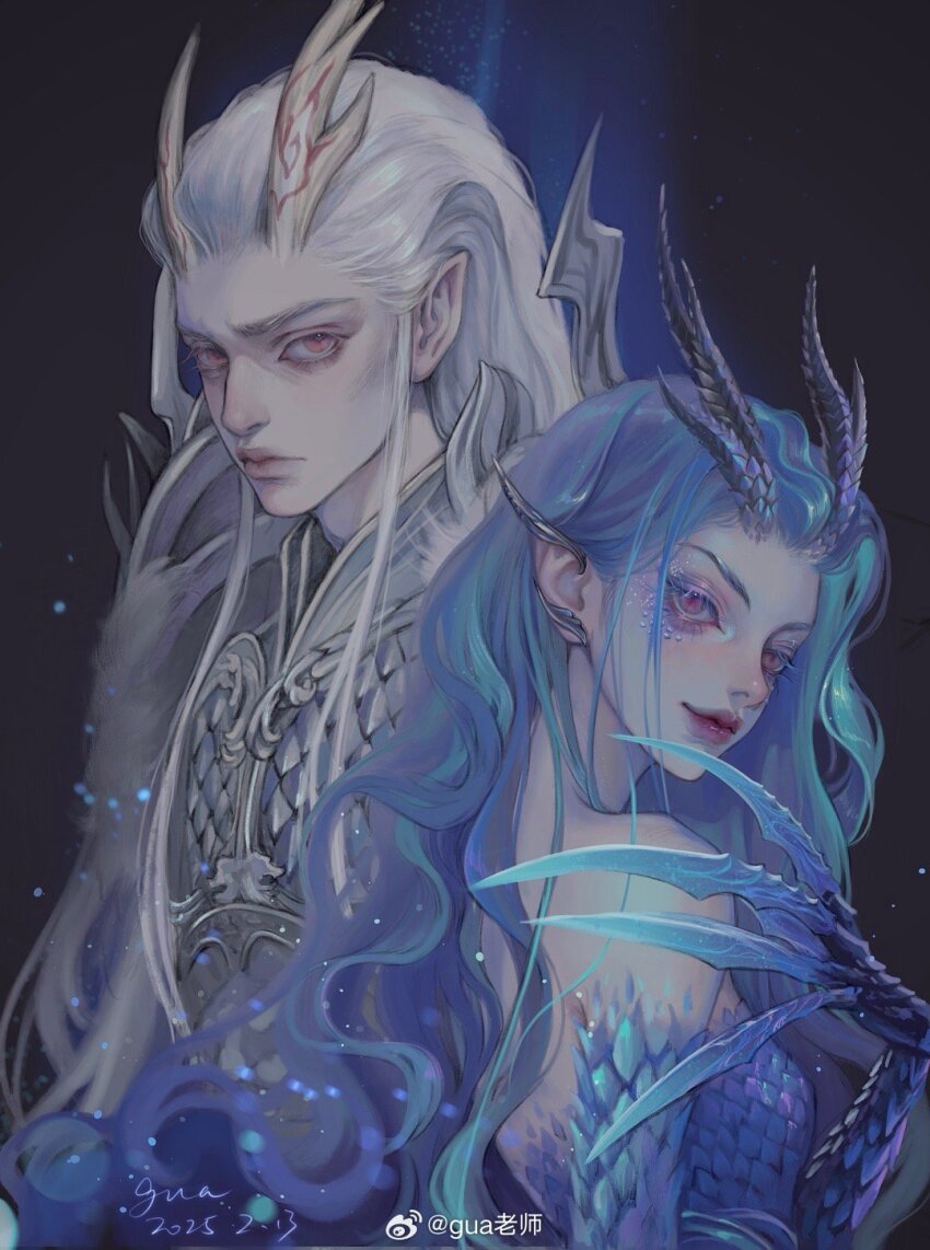 1boy 1girl ao_guang_(nezha_zhi_motong_jiangshi) ao_run_(nezha_zhi_motong_jiangshi) blue_claws blue_hair brother_and_sister claws dragon_boy dragon_girl dragon_horns highres horns long_hair nezha_zhi_motong_jiangshi red_eyes siblings very_long_hair weibo_1256022507 white_hair