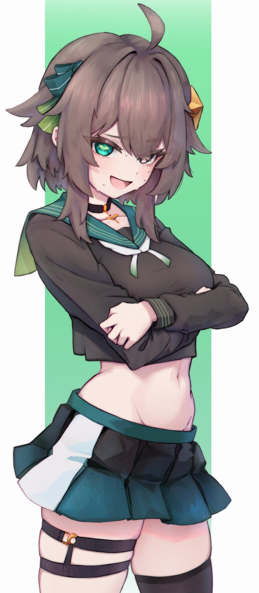 1girl :d absurdres ahoge alternate_costume asymmetrical_legwear black_choker black_serafuku black_skirt black_thighhighs blush border bow brown_eyes brown_hair choker commentary cowboy_shot cross-shaped_pupils crossed_arms eyes_visible_through_hair furrowed_brow green_background green_bow green_eyes green_sailor_collar groin hair_bow hair_flaps hair_ornament heterochromia highres chromashift krow_(elkrow2) linea_alba looking_at_viewer medium_hair meica_(vtuber) midriff mismatched_legwear navel nervous_smile nervous_sweating open_mouth outside_border pendant_choker pillarboxed sailor_collar school_uniform serafuku skirt smile spanish_commentary sprout-shaped_pupils sprout_pendant star_(symbol) star_hair_ornament sweat symbol-shaped_pupils thigh_strap thighhighs virtual_youtuber white_border zettai_ryouiki