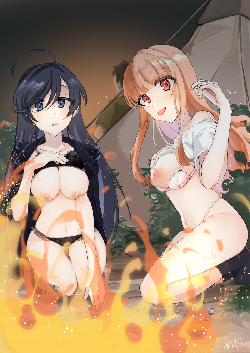 2girls :p absurdres ahoge black_bra black_eyes black_hair black_jacket black_panties black_sky black_socks blunt_bangs blush bra bra_lift bra_pull breasts closed_mouth clothes_lift clothes_pull commentary commission fire fire girls_und_panzer highres isuzu_hana jacket jacket_on_shoulders kneeling lace lace-trimmed_bra lace-trimmed_panties lace_trim large_breasts lifting_own_clothes light_frown long_hair looking_at_viewer multiple_girls navel night nipples no_pants open_mouth orange_eyes orange_hair outdoors panties shirt shirt_lift short_sleeves sitting skeb_commission sky smile socks string_panties t-shirt takebe_saori tent tongue tongue_out tsukasa_(avdx5538) twitter_username underwear white_bra white_panties white_shirt