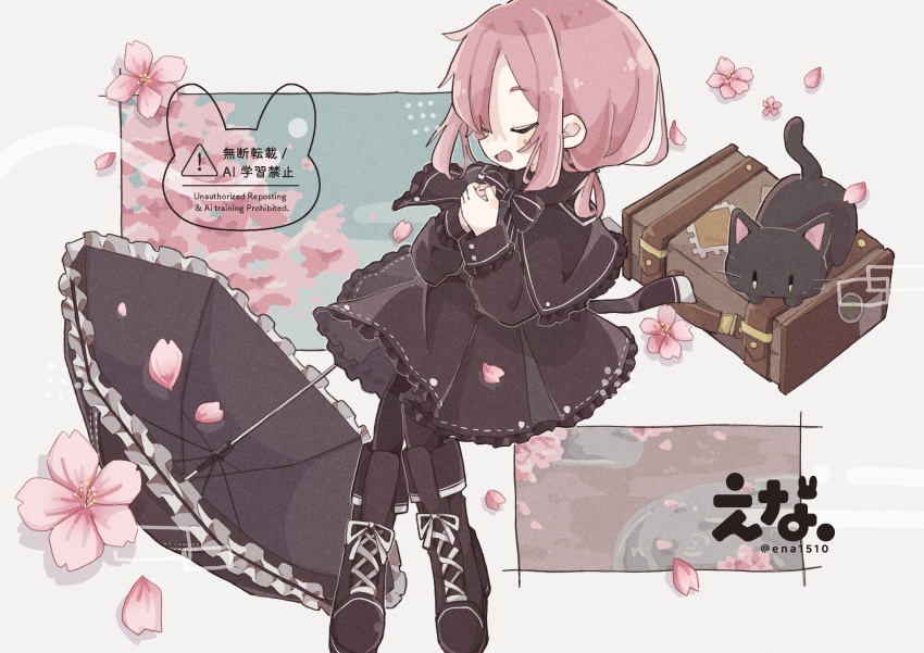 1girl :d absurdres artist_name black_dress black_pantyhose black_umbrella boots brown_boots cat cherry_blossoms closed_eyes dress ena_1510 frilled_dress frilled_umbrella frills full_body highres long_sleeves open_mouth original own_hands_together pantyhose pink_hair short_hair smile solo suitcase twitter_username umbrella watermark