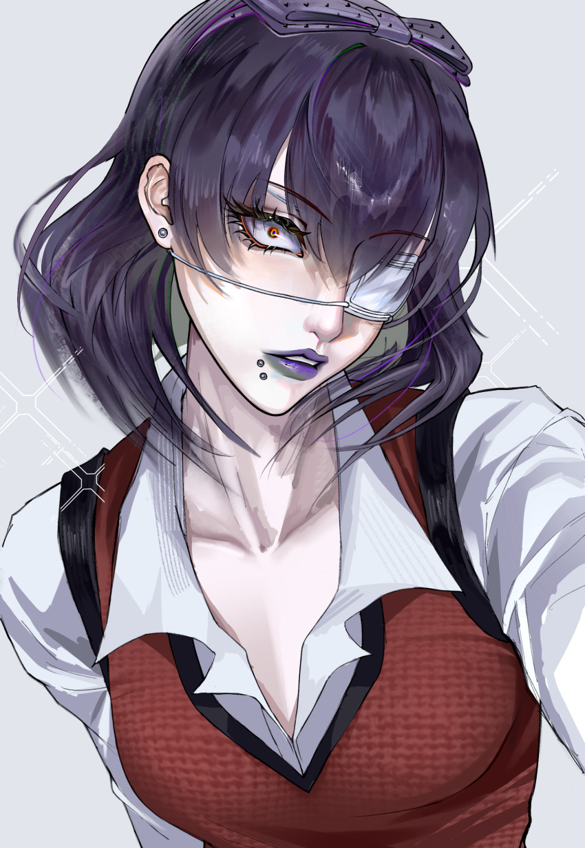 1girl absurdres bow chin_piercing collared_shirt commentary_request ear_piercing eyepatch face_piercing grey_background hairband highres hyakkaou_academy_school_uniform ikishima_midari kakegurui miseqi piercing purple_hair purple_lips red_eyes school_uniform shirt simple_background solo