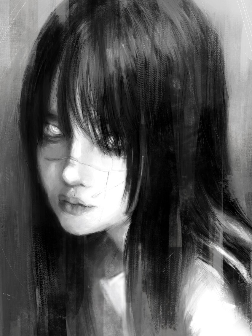 1girl absurdres black_hair chainsaw_man cross_scar facial_scar glowing glowing_eyes gradient_background greyscale hair_over_one_eye highres lips long_hair looking_at_viewer monochrome nose painterly partially_shaded_face realistic ringed_eyes scar scar_on_cheek scar_on_face scar_on_nose shadow shirt simple_background solo xa8uofivf2mcart yoru_(chainsaw_man)