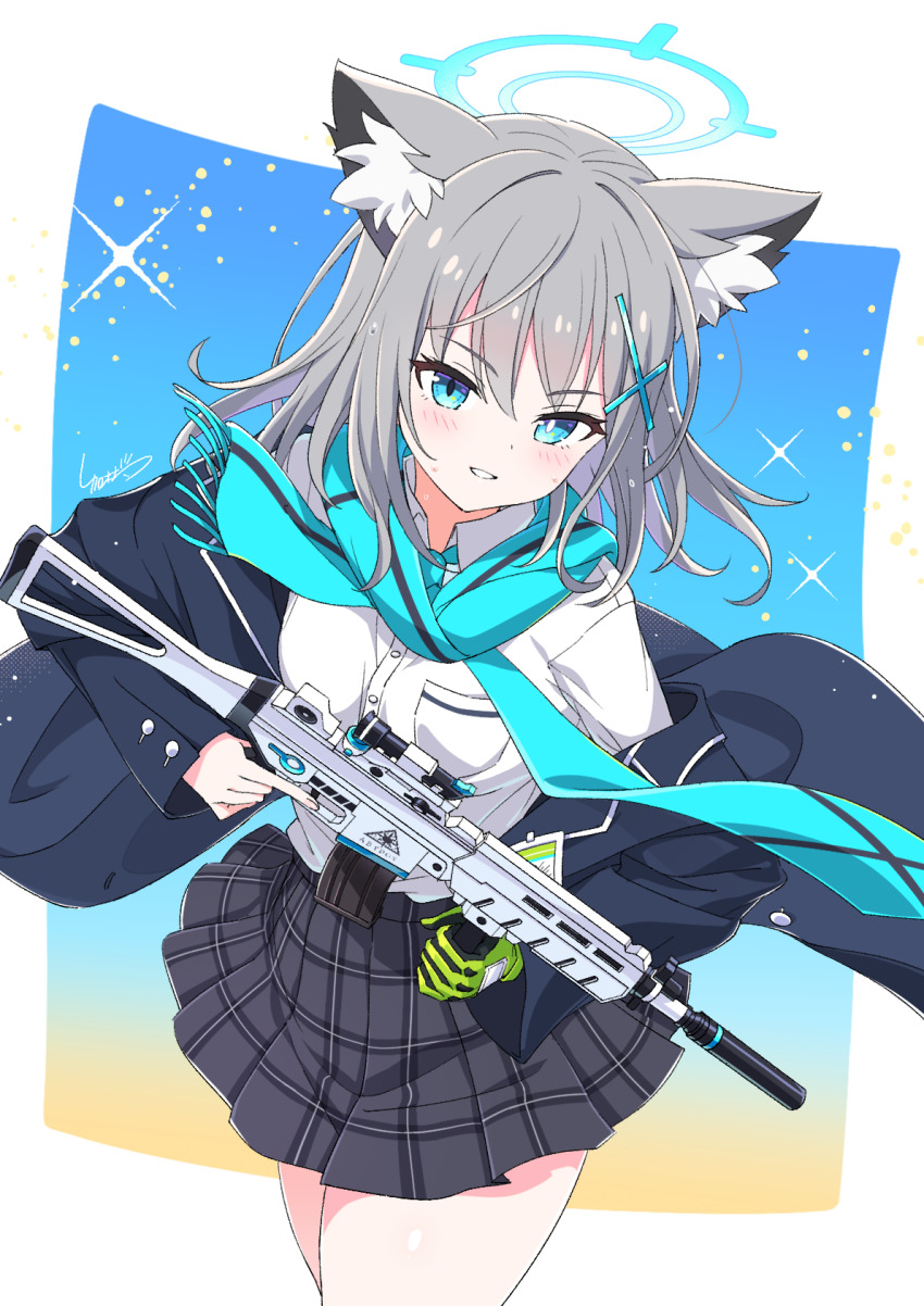 1girl animal_ear_fluff animal_ears assault_rifle blazer blue_archive blue_background blue_eyes blue_scarf commentary_request cowboy_shot cross_hair_ornament gloves gradient_background green_gloves grey_hair gun hair_ornament halo highres holding holding_gun holding_weapon id_card jacket kamuraaa_615 long_sleeves mismatched_pupils pleated_skirt rifle scarf school_uniform shiroko_(blue_archive) shirt sig_sauer sig_sauer_556 signature single_glove skirt solo sparkle weapon wolf_ears