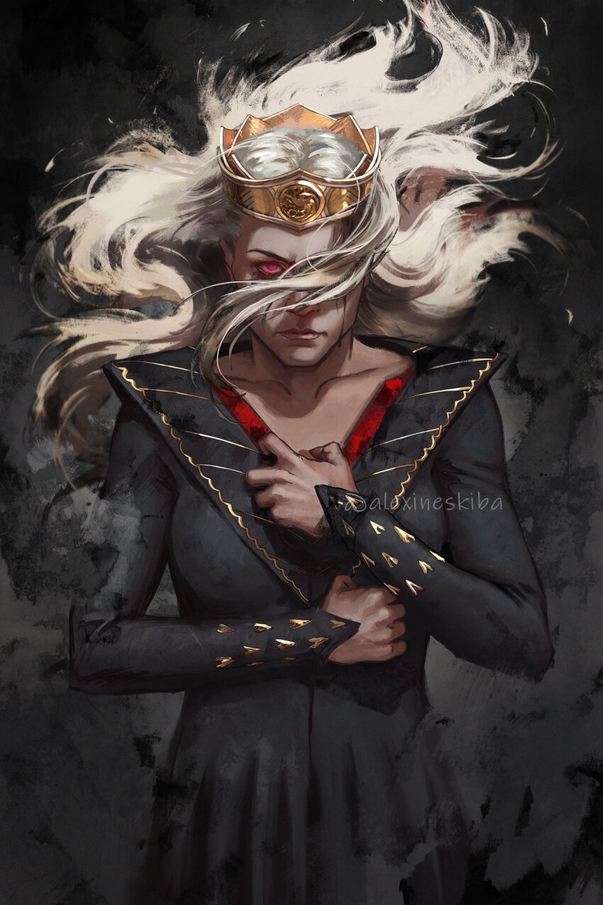 1girl a_song_of_ice_and_fire aleksandra_skiba black_dress blood blood_on_face crown dress glowing glowing_eyes gold_crown highres house_of_the_dragon long_hair looking_at_viewer red_eyes rhaenyra_targaryen solo white_hair
