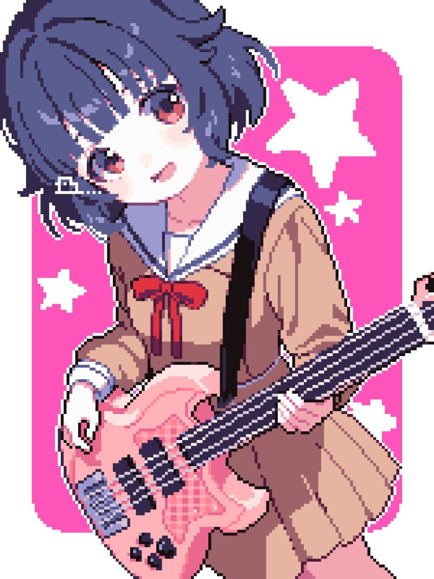 1girl :d ahiru_tokotoko artist_logo bang_dream! black_hair blunt_bangs blush_stickers border brown_serafuku brown_shirt brown_skirt commentary cowboy_shot electric_guitar guitar highres holding holding_guitar holding_instrument instrument logo long_sleeves looking_at_viewer neck_ribbon open_mouth outline outside_border pink_background pixel_art pleated_skirt red_eyes red_ribbon ribbon sailor_collar school_uniform serafuku shirt short_hair skirt smile solo star_(symbol) star_symbol_background ushigome_rimi white_border white_outline white_sailor_collar