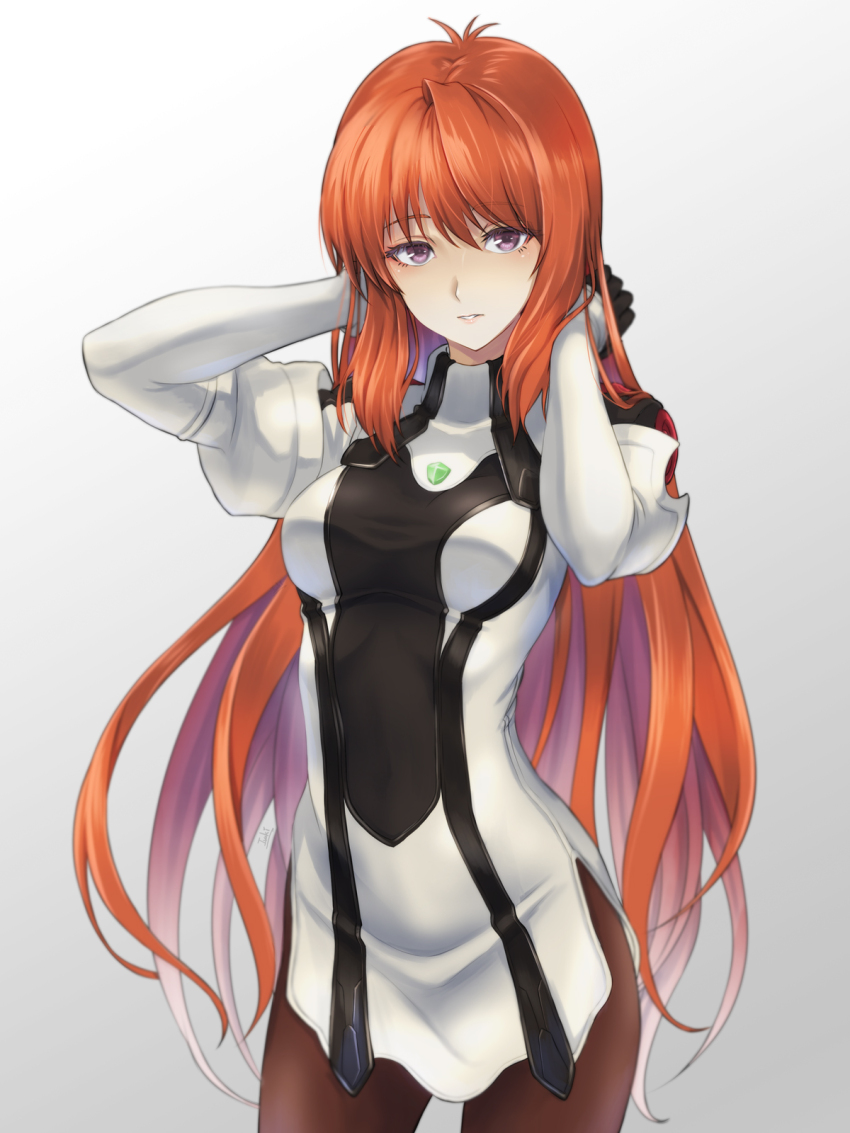 1girl arms_behind_head breasts commentary_request elhaym_van_houten gem green_gemstone highres ivuki jacket large_breasts long_hair orange_hair pantyhose parted_lips purple_eyes simple_background solo standing very_long_hair white_background white_jacket xenogears