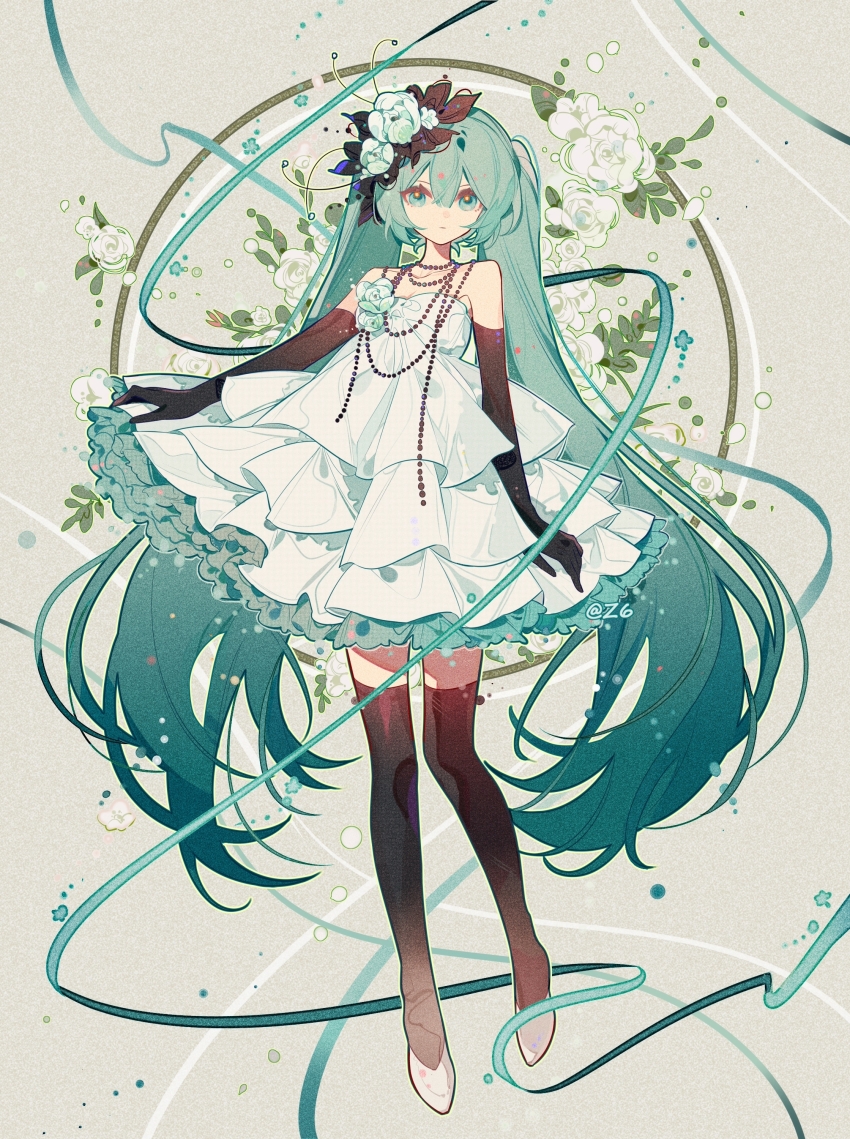 1girl absurdres aqua_eyes aqua_hair aqua_ribbon bare_shoulders bead_necklace beads black_gloves black_thighhighs chinese_commentary collarbone commentary_request dot_nose dress elbow_gloves expressionless flower frilled_dress frills full_body gloves gradient_hair green_outline grey_background hair_between_eyes hair_flower hair_ornament hatsune_miku highres jewelry leaf long_hair multicolored_hair necklace outline parted_lips ribbon rose shoes short_dress solo standing strapless strapless_dress thighhighs twintails very_long_hair vocaloid white_dress white_flower white_rose white_shoes z6