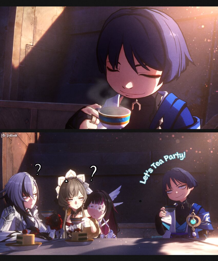 1boy 3d 3girls ? anemo_symbol_(genshin_impact) arlecchino_(genshin_impact) arm_at_side arm_rest artist_name asymmetrical_bangs black_bodysuit black_bow black_bridal_gauntlets black_collar black_eyes black_hair black_hands blue_cape blue_eyes blue_gemstone blue_kimono blue_sleeves blunt_bangs blunt_ends bodysuit bow bridal_gauntlets bright_pupils brown_hair cake cake_slice cape cherry closed_eyes closed_mouth collar colored_extremities colored_tips columbina_(genshin_impact) commentary covered_collarbone cup detached_collar dress english_commentary english_text eye_mask eyelashes eyeliner eyes_visible_through_eyewear eyeshadow facing_down feathered_wings feathers fingernails food formal_clothes fruit gem genshin_impact gloves gold gold_ring hair_ornament hair_ribbon half_gloves hand_up head_on_another&#039;s_shoulder head_wings highres holding holding_cup japanese_clothes juban kimono layered_sleeves littleredhoodd long_sidelocks looking_at_another looking_to_the_side makeup mask middle_ring multicolored_hair multiple_girls multiple_wings open_clothes open_kimono outdoors pink_hair plate pom_pom_(clothes) purple_eyes purple_hair purple_sash red_eyeliner red_eyeshadow red_gemstone ribbon sandrone_(genshin_impact) sanpaku sash scaramouche_(genshin_impact) shadow sharp_fingernails short_sleeves shoulder_peek sidelighting sidelocks smirk split_screen strapless strapless_dress streaked_hair suit sunlight swept_bangs symbol-shaped_pupils tea_party tress_ribbon wanderer_(genshin_impact) white_dress white_gloves white_hair white_headdress white_kimono white_mask white_pupils white_ribbon white_sleeves white_suit white_trim white_wings wing_hair_ornament wings wispy_bangs x-shaped_pupils yellow_feathers