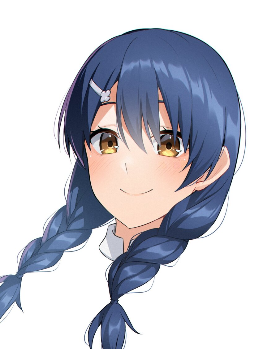 1girl blue_hair braid braided_twintails closed_mouth commentary_request cropped_head hair_ornament hairclip highres light_blush long_hair looking_at_viewer shokugeki_no_souma simple_background slope_(check238) smile solo tadokoro_megumi twin_braids white_background yellow_eyes