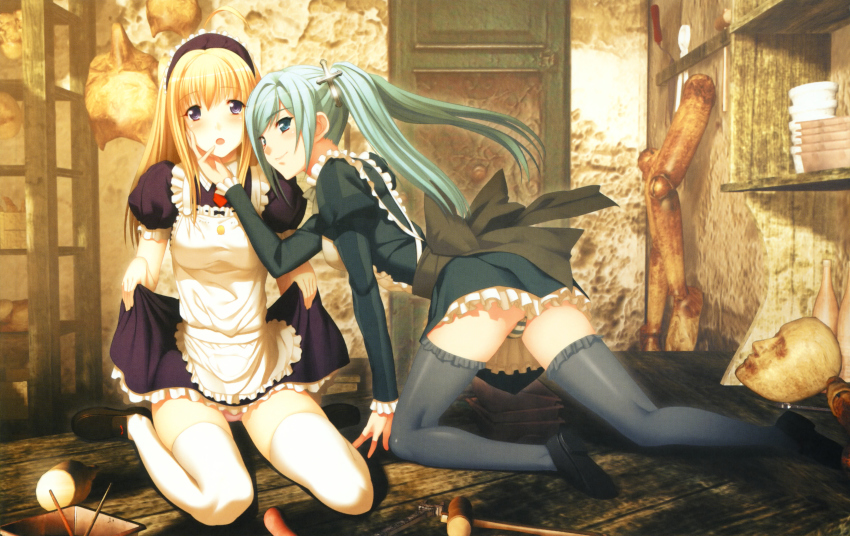 2girls :o absurdres all_fours anna_(gekkou_no_carnevale) arm_support blonde_hair blue_eyes gekkou_no_carnevale green_hair hand_on_another&#039;s_cheek hand_on_another&#039;s_face highres lunaria maid multiple_girls oosaki_shin&#039;ya panties pantyshot purple_eyes striped_clothes striped_panties thighhighs twintails underwear
