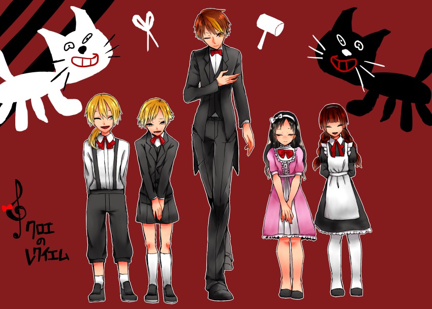 2boys 2girls 3boys alain_(chloe_no_requiem) arms_behind_back black_hair blonde_hair blue_eyes bow bow_(music) braid brothers brown_hair charlotte_(chloe_no_requiem) chloe_ardenne chloe_no_requiem copyright_name dress closed_eyes formal_clothes hair_bow hairband highres long_hair maid michel_d&#039;alembert multiple_boys multiple_girls one_eye_closed pantyhose pierre_d&#039;alembert ponytail short_hair siblings smile suspenders