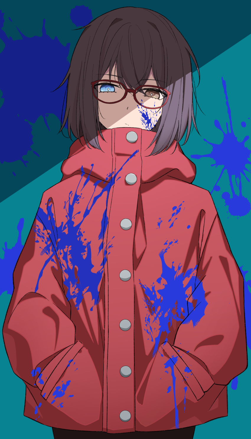 1girl absurdres black_hair blue_eyes brown_eyes expressionless eydhtn73bguru8r glasses hand_in_pocket heterochromia highres hood hoodie kamikoshi_sorawo paint_splatter red_hoodie shadow short_hair solo urasekai_picnic
