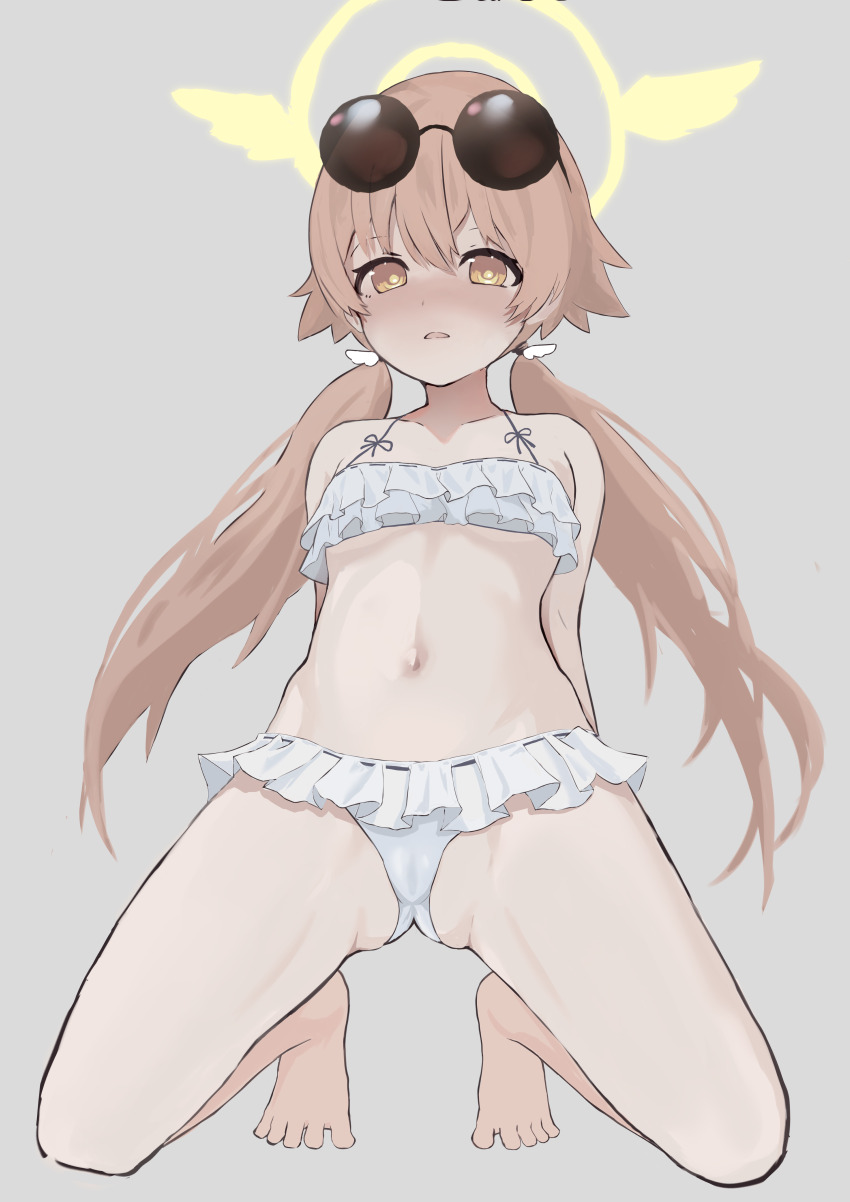 1girl absurdres bare_legs bare_shoulders barefoot bikini blue_archive blush breasts bright_pupils brown_eyes brown_hair cameltoe collarbone commentary d: eyewear_on_head frilled_bikini frills full_body gluteal_fold grey_background hair_between_eyes hair_ornament halo hifumi_(blue_archive) hifumi_(swimsuit)_(blue_archive) highres kneeling leaning_back long_hair looking_at_viewer low_twintails navel nose_blush official_alternate_costume open_mouth round_eyewear shiu_kyu simple_background small_breasts solo stomach sunglasses swimsuit thighs tiptoes twintails very_long_hair white_bikini wing_hair_ornament winged_halo yellow_halo