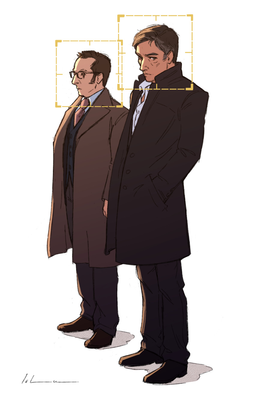 2boys absurdres brown_hair clip_studio_paint_(medium) closed_mouth coat collared_shirt commentary english_commentary full_body glasses hand_in_pocket harold_finch_(person_of_interest) highres io-lu-art john_reese_(person_of_interest) male_focus multiple_boys necktie person_of_interest pink_necktie shirt sideburns signature simple_background white_background white_shirt