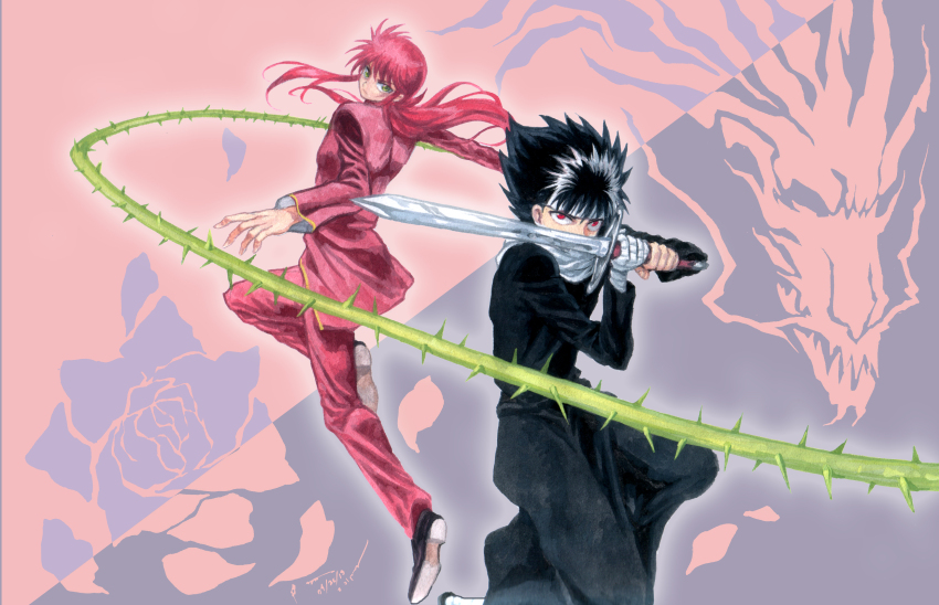 2boys absurdres bandaged_hand bandages black_hair black_robe dominic_ian_cabatit dragon eastern_dragon expressionless flower full_body gakuran green_eyes headband hiei_(yu_yu_hakusho) highres holding holding_sword holding_weapon holding_whip jacket knee_up kurama_(yu_yu_hakusho) long_hair long_sleeves looking_at_viewer male_focus multiple_boys pants petals plant red_eyes red_hair red_jacket red_pants robe rose rose_petals scarf school_uniform short_hair spiked_hair sword thorns two-handed vine_whip vines weapon white_headband white_scarf yuu_yuu_hakusho