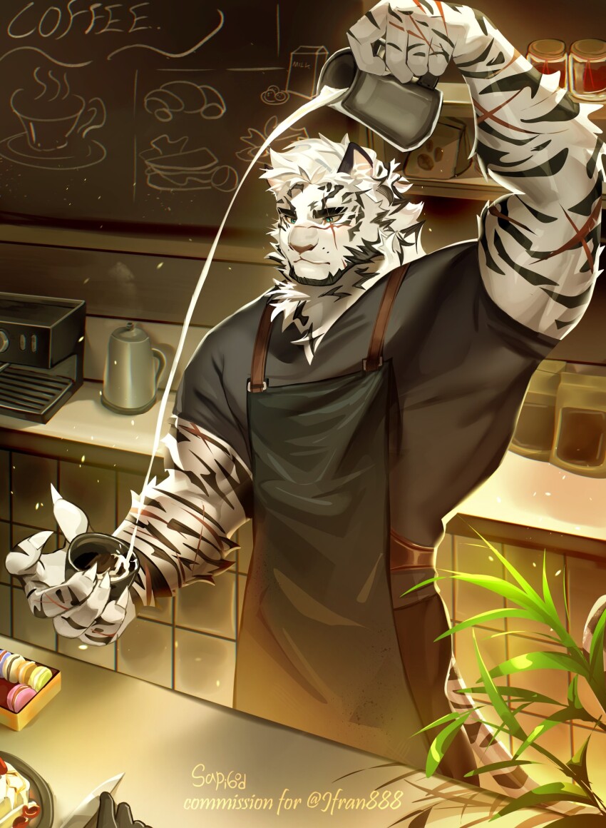 1boy animal_ears apron arknights artist_name barista black_pants black_shirt blue_eyes claws closed_mouth coffee coffee_maker commentary commission commissioner_name cross_scar cup english_commentary facial_scar food furry furry_male highres holding holding_cup holding_jug jug_(bottle) macaron male_focus mountain_(arknights) multiple_scars pants plant sapigod_(nurluthfiazz) scar scar_across_eye scar_on_arm scar_on_cheek scar_on_face scar_on_hand scar_on_nose shirt tail tiger_boy tiger_ears tiger_stripes tiger_tail