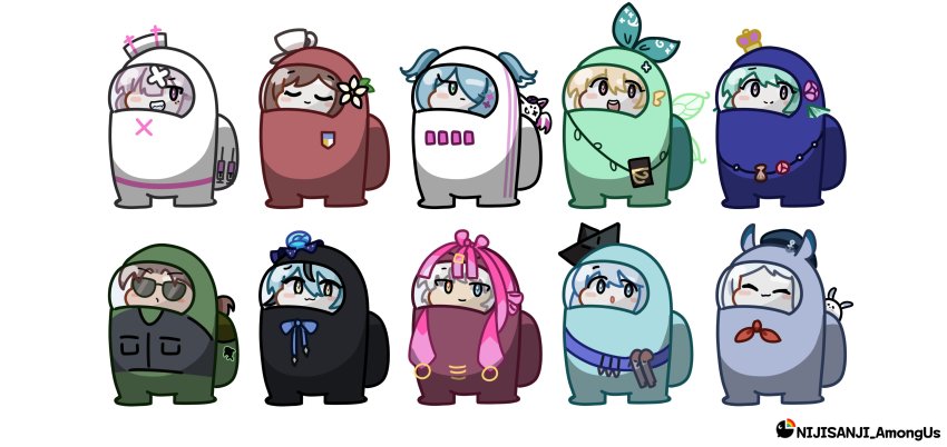 1boy 6+girls :3 :o ^_^ absurdres among_us animal animal_ears animal_on_shoulder ban_hada belt black_sclera blonde_hair blue_belt blue_eyes blue_hair blush bonnivier_pranaja brown_eyes brown_hair chibi closed_eyes colored_sclera copyright_name cosplay crewmate_(among_us) crewmate_(among_us)_(cosplay) crown derem_kado dragon dragon_ears dragon_girl elira_pendora finana_ryugu fins flower green_hair green_ribbon grey_hair hair_between_eyes hana_macchia head_fins head_wings heterochromia highres mole mole_under_eye multiple_girls nijisanji nijisanji_en nijisanji_id nijisanji_kr one_eye_closed open_mouth pomu_rainpuff purple_eyes purple_flower rabbit remi_(virtuareal) ribbon ryu_hari ryuryuyangyang smug sukoya_kana sunglasses virtual_youtuber virtuareal white_background white_eyes white_hair wings