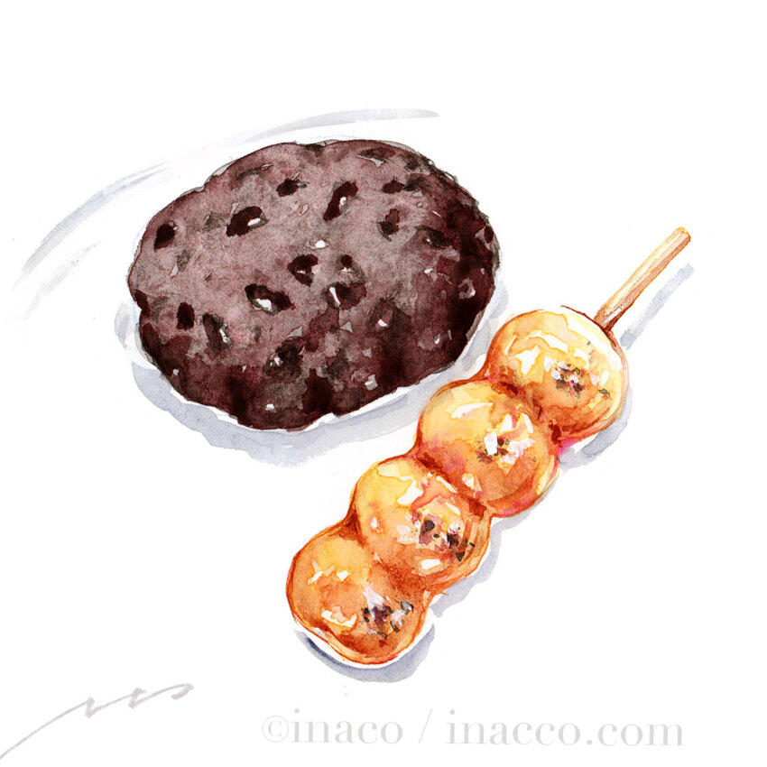 artist_name commentary_request cookie dango food food_focus inaco mitarashi_dango no_humans original painting_(medium) signature simple_background skewer still_life traditional_media wagashi watercolor_(medium) white_background