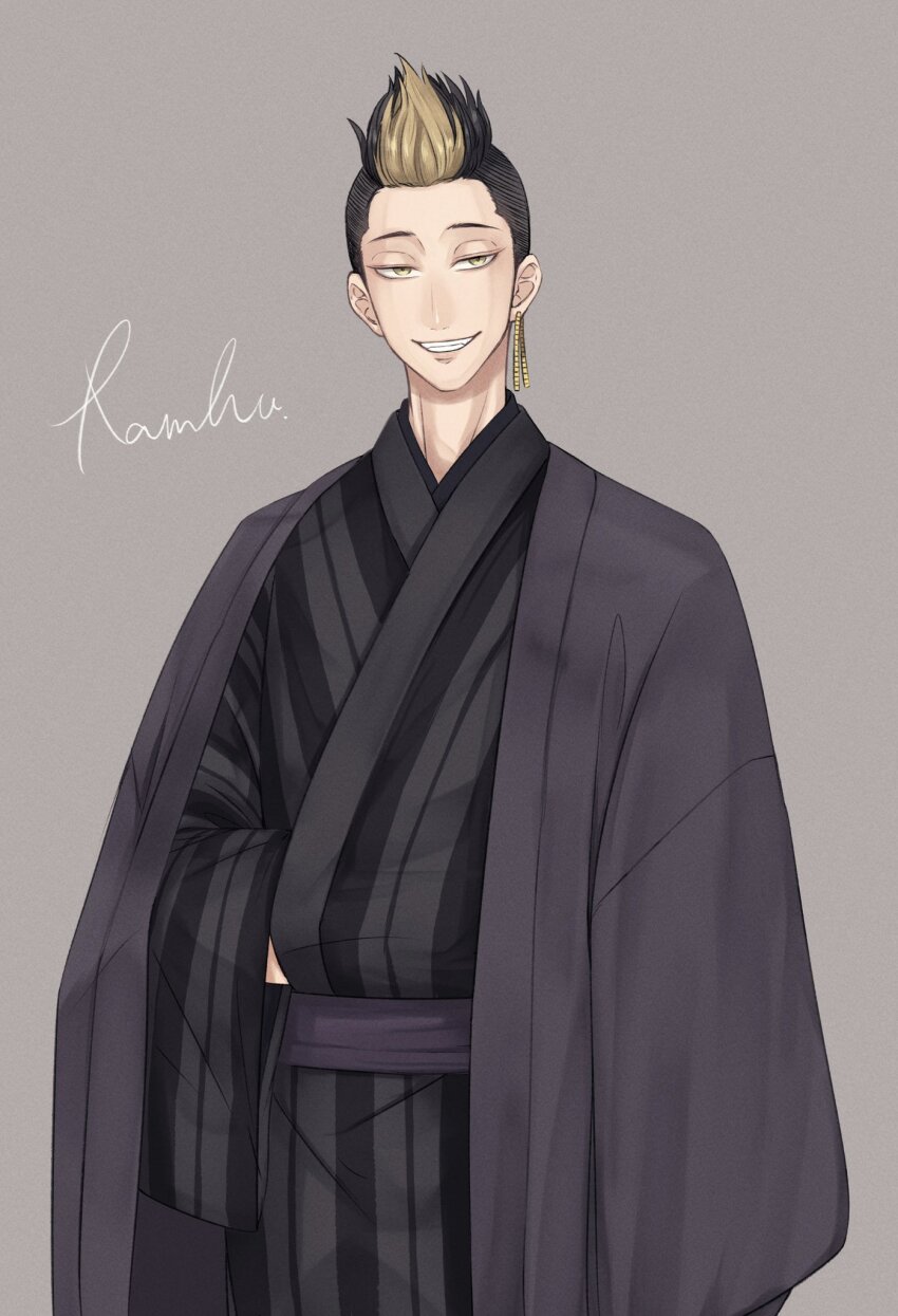 1boy artist_name black_hair black_haori black_kimono blonde_hair commentary_request cowboy_shot earrings fang grey_background grey_kimono grin hanma_shuuji haori highres japanese_clothes jewelry kimono long_sleeves looking_at_viewer male_focus multicolored_hair obi purple_sash ramfu sash short_hair signature simple_background single_earring smile solo spiked_hair standing striped_clothes striped_kimono teeth tokyo_revengers two-tone_hair two-tone_kimono undercut vertical-striped_clothes vertical-striped_kimono wide_sleeves yellow_eyes