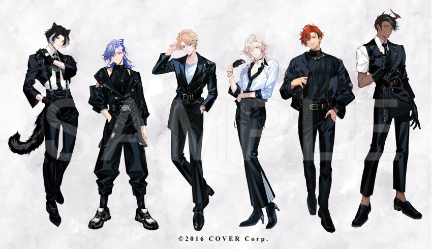 6+boys adjusting_clothes alternate_costume alternate_hairstyle animal_ears antenna_hair aqua_eyes aqua_hair aragami_oga ascot asymmetrical_sleeves bell-bottoms belt belt_buckle belt_chain belt_collar black_ascot black_belt black_choker black_collar black_gloves black_hair black_jacket black_necktie black_pants black_shirt black_socks black_sweater blonde_hair bob_cut boots bracelet buckle chain chain_necklace choker closed_mouth clothing_cutout collar collarbone collared_shirt copyright_notice crew_neck cropped_jacket curtained_hair dark-skinned_male dark_skin demon_horns dress_shoes earrings expressionless fold-over_collar full_body futaba_hazuki glove_cutout gloves gold_trim green_eyes green_hair grin hair_behind_ear hair_between_eyes hair_over_one_eye half_gloves hand_in_pocket hand_on_own_hip hand_on_own_shoulder hand_up heterochromia high-waist_pants high_heel_boots high_heels highres hitodama holostars horns jackal_boy jackal_ears jackal_tail jacket jewelry kageyama_shien kishido_temma lapels lineup loafers long_hair long_sleeves looking_at_viewer low_ponytail male_focus medium_hair minase_rio mole mole_under_eye multicolored_hair multiple_boys necklace necktie notched_lapels official_art open_clothes open_collar open_jacket orange_eyes orange_hair oxfords pants parted_bangs parted_lips pendant_choker pink_hair pleated_pants ponytail purple_eyes purple_hair sample_watermark shirt shoes short_hair short_sleeves side_part simple_background single_horn single_sleeve sleeveless sleeveless_turtleneck smile sneakers socks standing streaked_hair suspenders sweater swept_bangs tail three-quarter_sleeves turtleneck turtleneck_sweater two-tone_hair uneven_sleeves utsugi_uyu virtual_youtuber watch watermark white_background white_eyes white_hair white_shirt wide_ponytail wristwatch yellow_eyes yukoku_roberu zipper