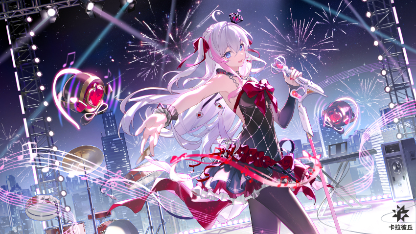 1girl aerial_fireworks ahoge armpits bare_arms bare_shoulders black_choker black_dress blue_eyes bow brown_pantyhose choker crown detached_sleeves dress drone fireworks floating_hair hair_bow heart heart-shaped_pupils highres holding holding_microphone kanami_(century_idol)_(strinova) kanami_(strinova) long_hair long_sleeves looking_at_viewer microphone microphone_stand mini_crown multicolored_hair musical_note official_alternate_costume official_art one_side_up open_mouth outstretched_arm pantyhose single_detached_sleeve sleeveless sleeveless_dress smile solo stage_lights standing streaked_hair strinova symbol-shaped_pupils very_long_hair white_hair wrist_cuffs