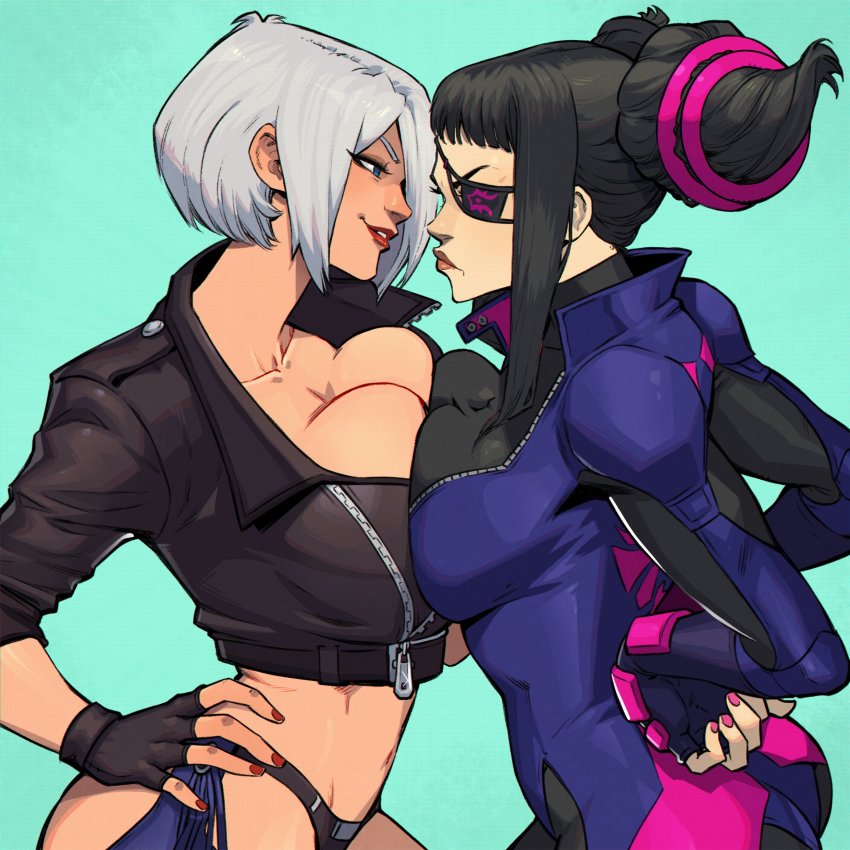 2girls absurdres angel_(kof) biker_clothes bikesuit blue_eyes bodysuit bra breast_press breasts chaps cleavage cropped_jacket crossover danusko drill_hair eyepatch fingerless_gloves from_side gloves green_background hair_over_one_eye han_juri hand_on_own_hip highres jacket large_breasts leather leather_jacket mexico multiple_girls simple_background smile snk strapless strapless_bra street_fighter street_fighter_iv_(series) street_fighter_v symmetrical_docking the_king_of_fighters the_king_of_fighters_2001 the_king_of_fighters_xiv twin_drills twintails underwear white_hair