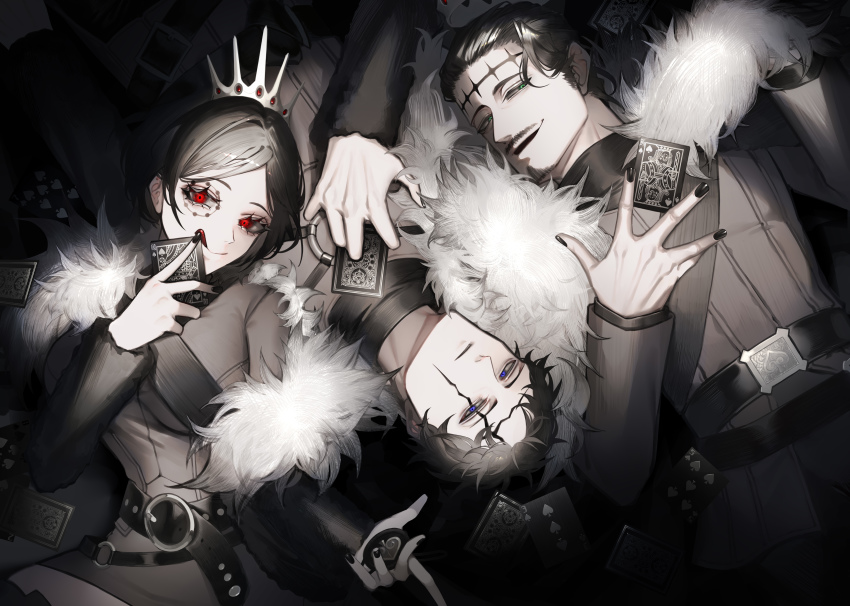 1girl 2boys absurdres belt belt_buckle black_belt black_clover black_hair black_nails black_pants black_shirt breasts brown_jacket brown_vest buckle cape card chest_strap coat crown dante_zogratis expressionless eyepatch unworn_eyewear facial_hair facial_mark frit_2 fur_cape fur_coat fur_collar gem goatee green_eyes hair_behind_ear hair_slicked_back half-closed_eyes high_collar highres holding holding_card insignia jacket long_bangs looking_at_viewer lying miniskirt multiple_belts multiple_boys mustache muted_color nail_polish o-ring on_back open_clothes open_jacket pants parted_bangs playing_card red_eyes red_gemstone shirt short_hair shoulder_strap siblings sideburns skirt smile spade_(shape) spot_color studded_belt tiara tongue tongue_out tunic vanica_zogratis vest zenon_zogratis