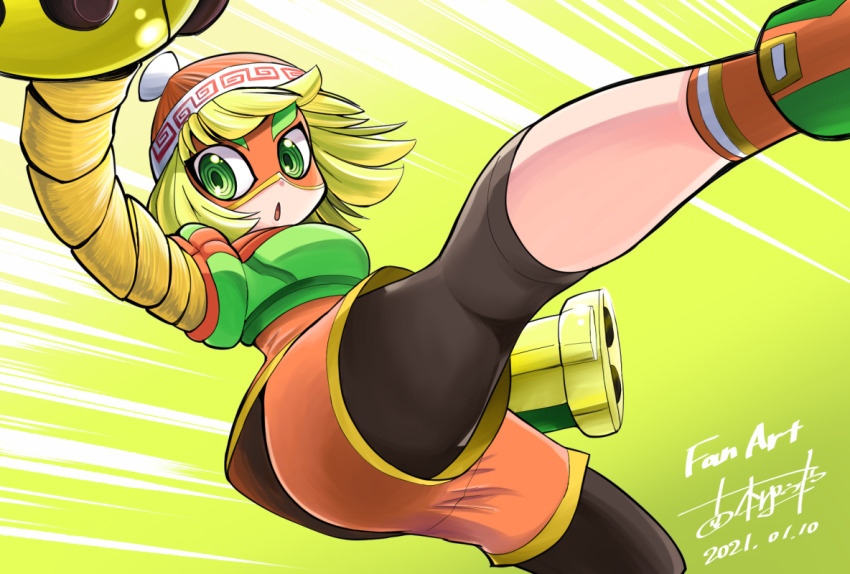 1girl arms_(game) beanie blonde_hair bob_cut domino_mask furumoto_yuuya green_eyes hat leggings leggings_under_shorts mask min_min_(arms) orange_hat orange_shorts ringed_eyes short_hair shorts solo
