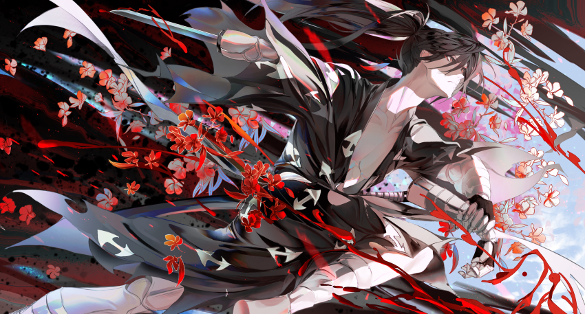1boy absurdres arm_blade barefoot black_background black_gloves black_hair black_kimono blood blood_spray blue_sky bracer collarbone determined dororo_(tezuka) feet_out_of_frame fingerless_gloves fingernails floating_clothes floating_hair flower gloves hair_between_eyes highres holding_limb hyakkimaru_(dororo) japanese_clothes kimono long_hair male_focus nipples oblivion_(user_ugke8872) orange_eyes pectoral_cleavage pectorals plunging_neckline ponytail red_flower sky solo tsurime very_long_hair weapon