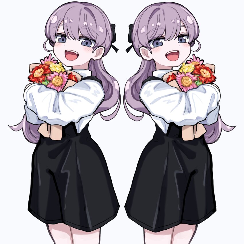 1girl 2girls :d absurdres black_bow black_shorts blush bouquet bow collared_shirt flower grey_background grey_eyes hair_between_eyes hair_bow highres holding holding_bouquet hugging_object lapwing_(vrchat) long_hair long_sleeves looking_at_viewer multiple_girls open_mouth pink_flower ponytail puffy_long_sleeves puffy_sleeves purple_hair red_flower shirt short_shorts shorts siblings simple_background smile standing suspender_shorts suspenders symmetry teeth thick_eyebrows twins vrchat white_background white_shirt yellow_flower yonoisan