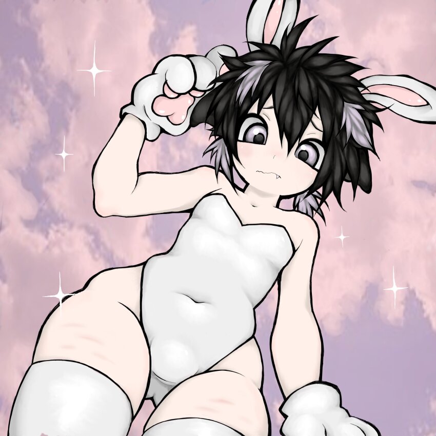 1boy animal_ears black_hair bulge fang from_below frown gloves highres leotard male_focus original pale_skin playboy_bunny rabbit_ears self-harm_scar short_hair solo sparkle squibizill thighhighs trap zemy_(squibizill)