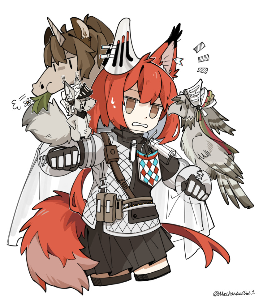 1girl absurdres animal_ears animal_on_arm animalization arknights ashlock_(arknights) bird bird_on_arm black_skirt black_thighhighs brown_eyes cowboy_shot cropped_legs ear_covers eating fartooth_(arknights) flametail_(arknights) flower gauntlets highres material_growth mechanical_owl notice_lines oripathy_lesion_(arknights) pleated_skirt red_hair shirt short_hair_with_long_locks simple_background skirt squirrel squirrel_ears squirrel_girl squirrel_tail sweatdrop tail thighhighs twitter_username unicorn white_background white_flower white_shirt wild_mane_(arknights) zettai_ryouiki