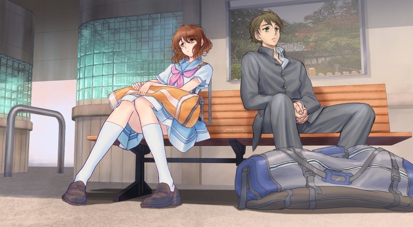 1boy 1girl bag black_jacket black_pants blue_skirt brown_eyes brown_footwear brown_hair duffel_bag gakuran grey_eyes head_tilt hibike!_euphonium highres jacket neckerchief oumae_kumiko pants pink_neckerchief school_uniform short_hair sitting skirt socks tsukamoto_shuuichi white_socks yonemura_kouichirou
