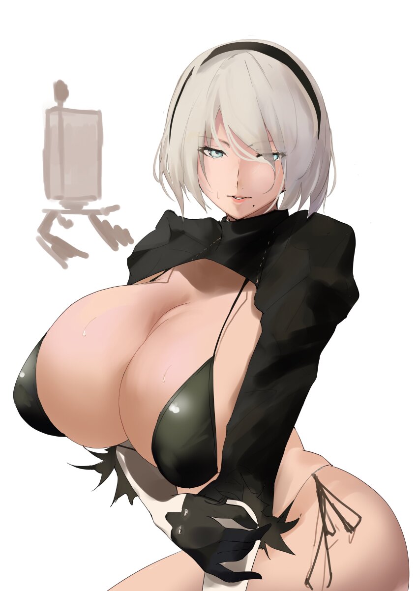 1girl 2b_(nier:automata) absurdres alternate_breast_size bad_id bad_twitter_id bikini black_bikini black_gloves black_hairband blue_eyes breasts cleavage feather-trimmed_sleeves gloves hairband highleg highleg_bikini highres huge_breasts juliet_sleeves long_sleeves looking_at_viewer mole mole_under_mouth nier:automata nier_(series) parted_lips pod_(nier:automata) puffy_sleeves s4ika short_hair shrug_(clothing) sweat swimsuit variant_set white_background white_hair