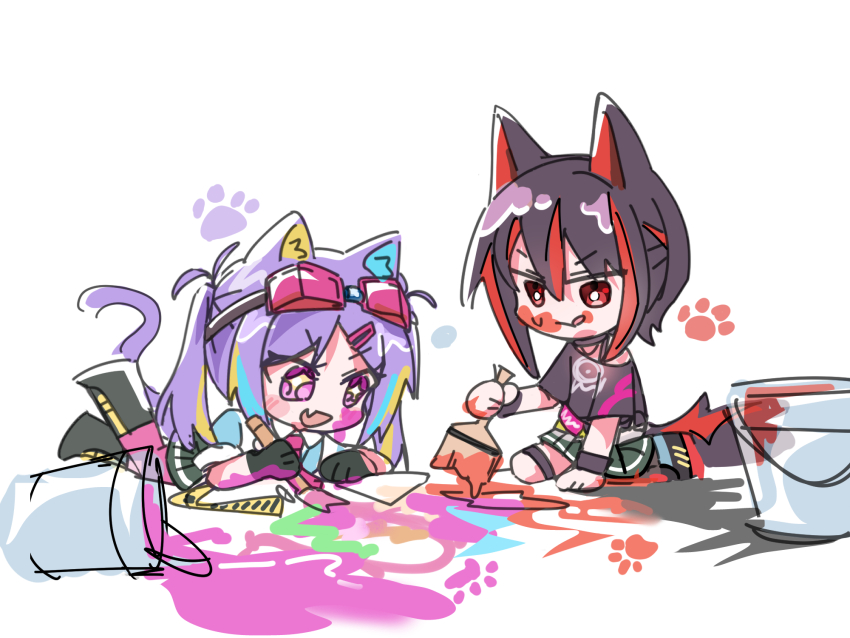 2girls animal_ears black_hair cat_ears cat_tail chibi choker eyewear_on_head gas_mask gloves heaven_burns_red highres ishii_iroha mask mask_pull mikoto_fubuki multicolored_hair multiple_girls necktie off-shoulder_shirt off_shoulder paint_can paint_splatter paint_splatter_on_face paintbrush pantyhose purple_eyes purple_hair purple_pantyhose rantan_0925 red_hair shirt short_hair sidelocks skirt streaked_hair tail twintails