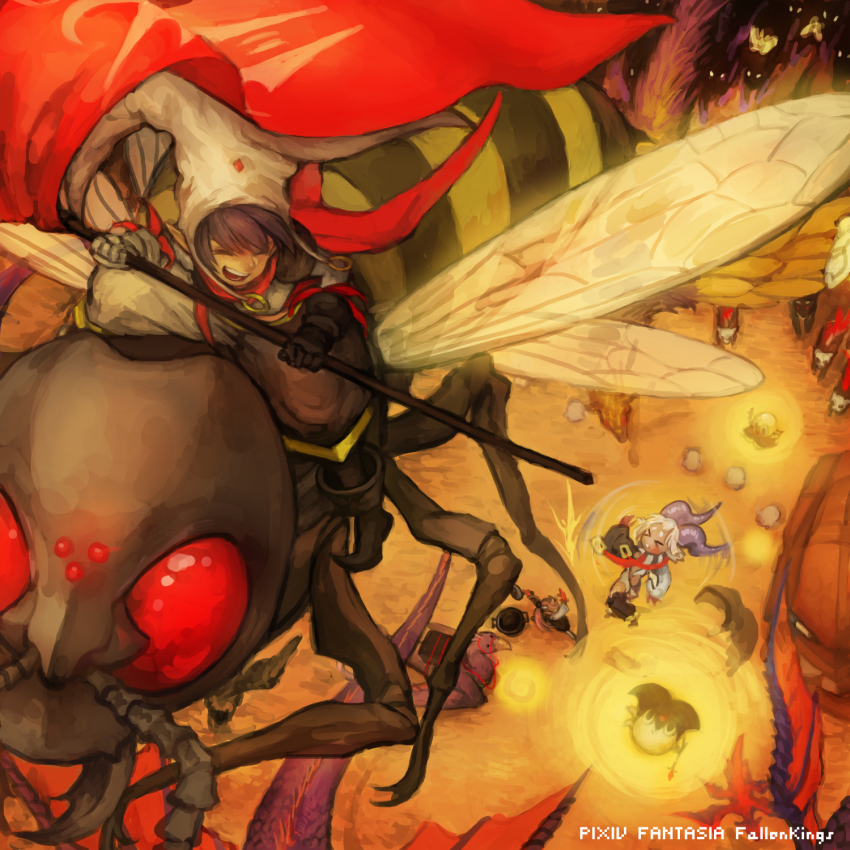 &gt;_&lt; 3girls akaneko_(redakanekocat) battle commentary_request copyright_name dark-skinned_female dark_skin flag frying_pan hat highres holding holding_flag holding_frying_pan horns jester_cap multiple_girls open_mouth oversized_insect pixiv_fantasia pixiv_fantasia_fallen_kings purple_horns riding riding_animal smile upper_body