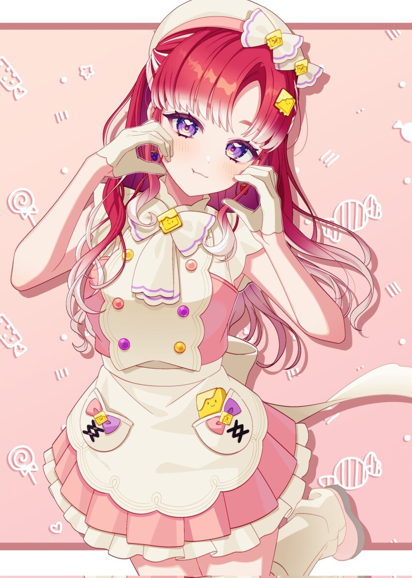 1girl beret blush bow bowtie closed_mouth diamond_hair_ornament dress earrings food-themed_earrings food_themed_earrings fruit_earrings gloves gradient_hair hair_ornament hat hat_bow highres jewelry long_hair multicolored_hair nijisanji pink_dress pink_skirt pochimaru_(marumaru_wanwan) purple_eyes red_hair saotome_berry shoes simple_background skirt solo strawberry_earrings virtual_youtuber white_bow white_bowtie white_gloves white_hair white_hat