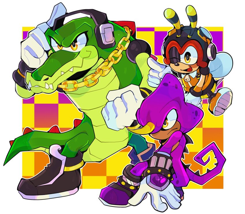 3boys bee_wings black_boots boots chain chameleon_boy chameleon_tail charmy_bee colored_skin crocodilian_tail espio_the_chameleon furry gloves goggles goggles_on_headwear gold_chain headphones highres infinithiez insect_wings multiple_boys one_eye_closed purple_boots purple_skin sonic_(series) tail vector_the_crocodile white_gloves wings yellow_eyes