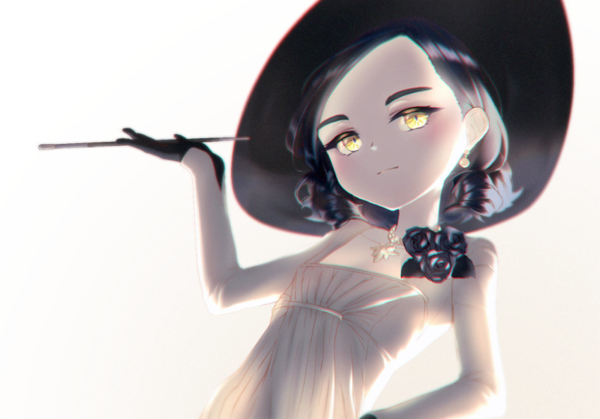 1girl aged_down alcina_dimitrescu black_hair captaintcher dress drill_hair flat_chest gloves hat holding holding_smoking_pipe looking_at_viewer resident_evil resident_evil_village smile smoking_pipe solo twin_drills yellow_eyes