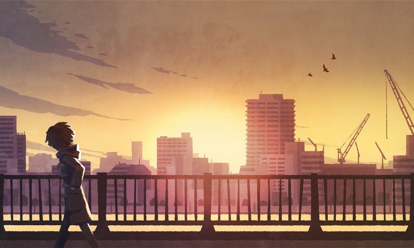 1boy animal bird brown_hair building city crane_(machine) facing_away from_side hood hooded_coat hyogonosuke kiriyama_rei long_sleeves male_focus outdoors pants railing river sangatsu_no_lion scenery short_hair sky skyscraper solo toggles twilight walking