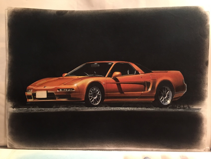 absurdres black_background car hanowman highres honda honda_nsx motor_vehicle no_humans orange_car original photo_(medium) shadow sports_car traditional_media vehicle_focus