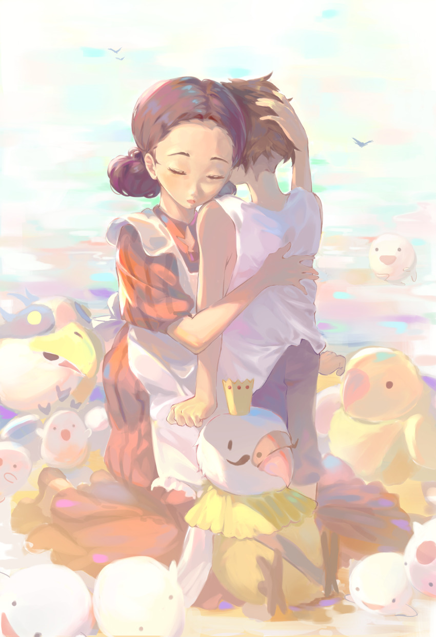 1boy 1girl absurdres aosagi_(kimitachi_wa_dou_ikiru_ka) arm_at_side black_hair brown_hair closed_eyes crown dress highres himi_(kimitachi_wa_dou_ikiru_ka) hug inko_daiou kimitachi_wa_dou_ikiru_ka maki_mahito medium_hair mini_crown mizuhara_sh red_dress shirt standing warawara_(miyazaki) white_shirt