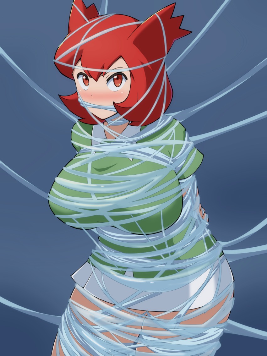 1girl arms_behind_back bdsm bianca_(pokemon_heroes) blue_background blush bondage bound breasts cowboy_shot female_focus gagged green_shirt highres kerriaria large_breasts miniskirt nintendo nose_blush orange_eyes pokemon pokemon_(anime) pokemon_(classic_anime) pokemon_heroes:_latios_&amp;_latias red_hair shirt short_hair short_sleeves silk simple_background skindentation skirt solo standing white_skirt