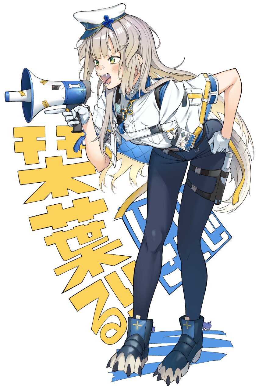 absurdres bent_over blonde_hair blush breasts dog_tail fang full_body green_eyes hand_on_own_hip hat highres holding holding_megaphone long_hair medium_breasts megaphone neck_tassel nijisanji open_mouth paw_shoes peaked_cap shioriha_ruri shioriha_ruri_(1st_costume) shouting spirytus_tarou tail tassel virtual_youtuber white_background