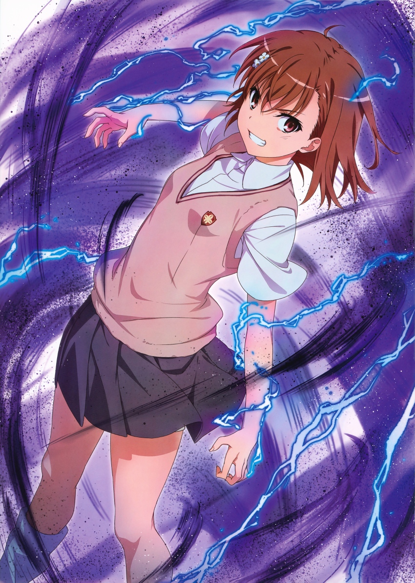1girl absurdres breasts brown_eyes brown_hair brown_sweater brown_sweater_vest brown_vest clenched_teeth dutch_angle electricity electrokinesis emblem fingernails grey_skirt hair_ornament highres isshi_pyuma lightning looking_at_viewer loose_socks magnetism medium_hair metal metal_sand misaka_mikoto parted_lips pleated_skirt psychic school_emblem school_uniform shirt short_shorts short_sleeves shorts shorts_under_skirt skirt sleeveless sleeveless_sweater small_breasts smile socks solo summer_uniform sweater sweater_vest teeth toaru_kagaku_no_railgun toaru_majutsu_no_index tokiwadai_school_uniform v-neck vest