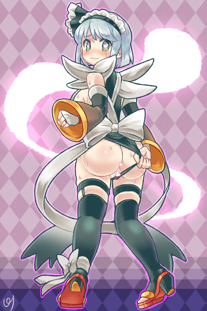 1girl absurdres ass black_thighhighs breasts choker cleavage closed_mouth clothing_aside commission commissioner_upload cosplay detached_sleeves from_behind green_eyes grey_hair heart heart-shaped_pupils highres iroha_(samurai_spirits)_(cosplay) konpaku_youmu konpaku_youmu_(ghost) maid maid_headdress maid_leotard panties panties_aside pmx samurai_spirits short_hair skeb_commission smile solo standing sweat symbol-shaped_pupils thighhighs touhou unconventional_maid underwear