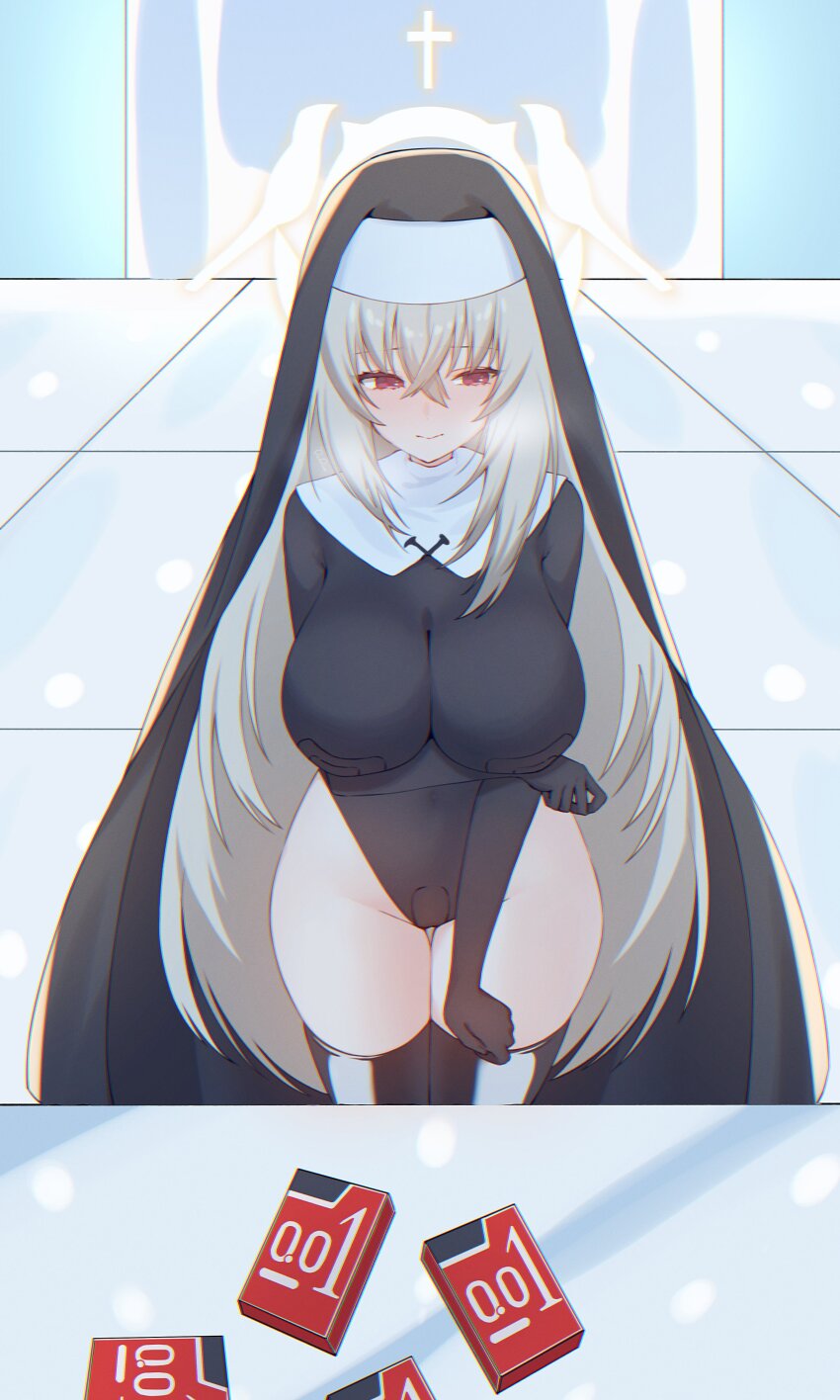 1girl absurdres black_leotard black_veil blue_archive blush breasts coif condom_box cosplay duurumi embarrassed gloved_sleeves grey_hair groin hair_between_eyes halo highleg highleg_leotard highres justina_follower_(blue_archive) justina_follower_(blue_archive)_(cosplay) large_breasts latex latex_leotard latex_thighhighs leotard long_hair looking_to_the_side nun pasties red_eyes sakurako_(blue_archive) solo strapless strapless_leotard thighhighs thighs veil very_long_hair white_halo