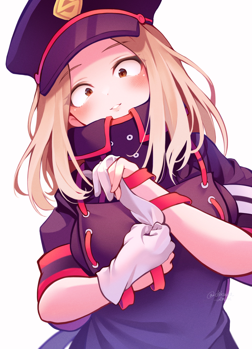 1girl absurdres black_hat blush boku_no_hero_academia breasts chikuwa_savy cosplay gloves hat highres large_breasts long_hair peaked_cap shishikura_seiji shishikura_seiji_(cosplay) short_sleeves simple_background smile solo teeth upper_body utsushimi_kemii white_background white_gloves